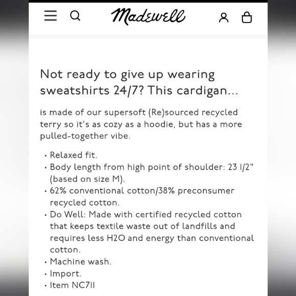 Madewell (Re)sourced Cotton Cardigan in Olive Green, Size S - Picture 6 of 6